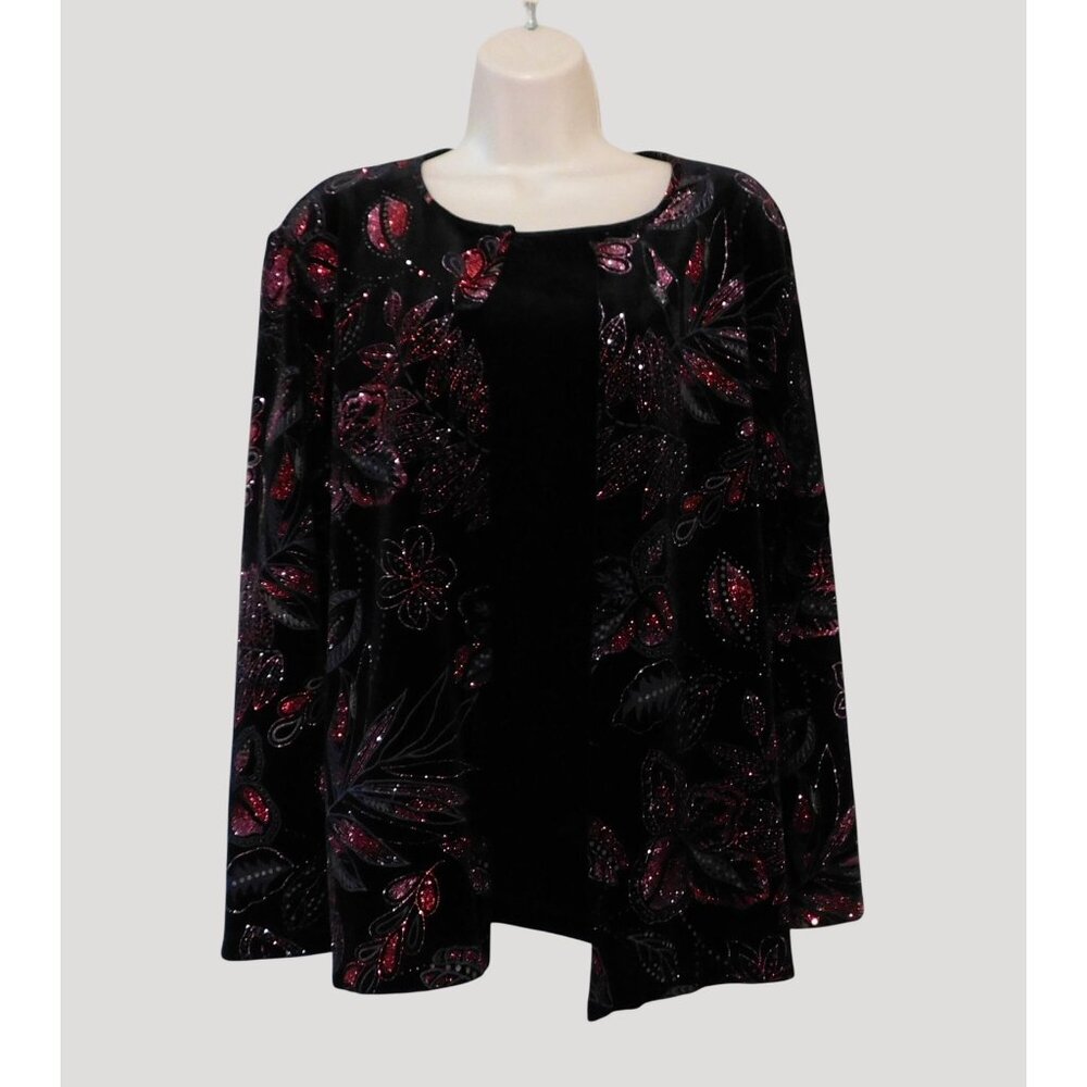 Notations Glittery Jacket XL Black Red Sparkling Floral Print Attached Tank - Picture 3 of 9